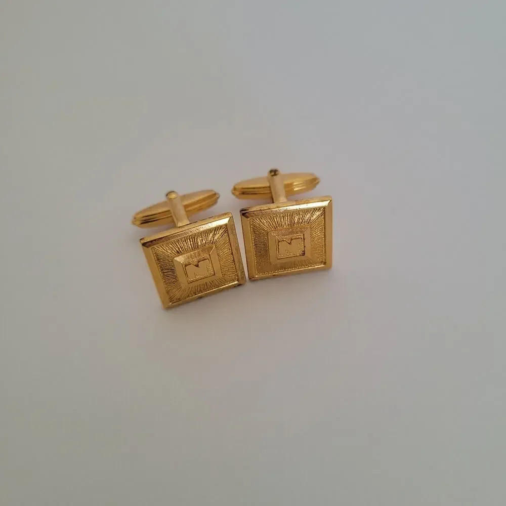 Nina Ricci N French Cufflinks Set Gold Tone Logo Rectangle Box Retro Vintage